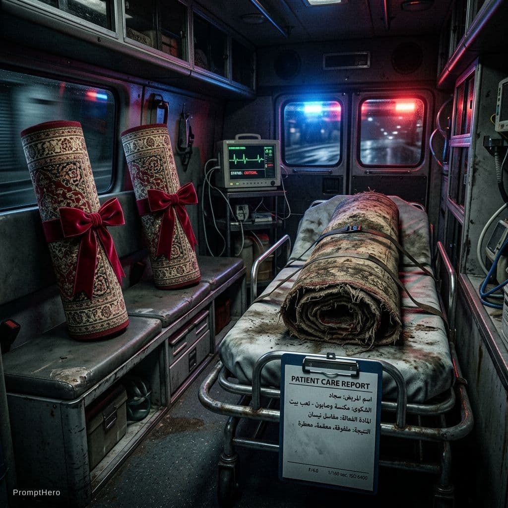 AI generated: A high-detail, cinematic, dark-themed photograph from inside the rear of a moving ambulance. The sce...