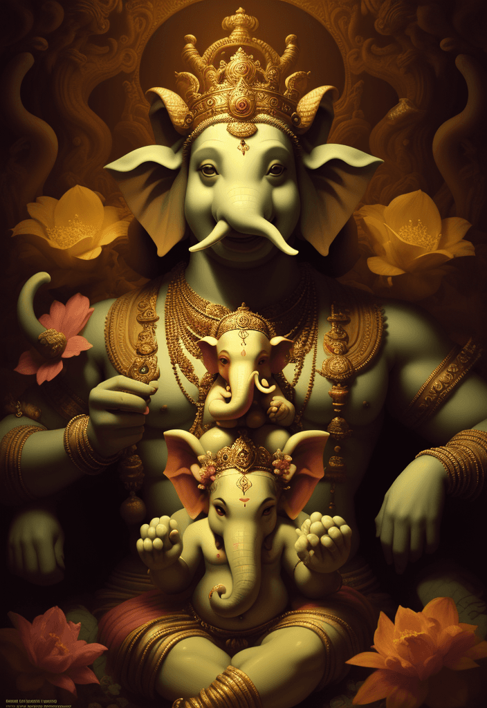 AI generated: portrait of Lord Ganesha in the underworld, surrounded by flowers king, genie, tom, rococo, contempo...