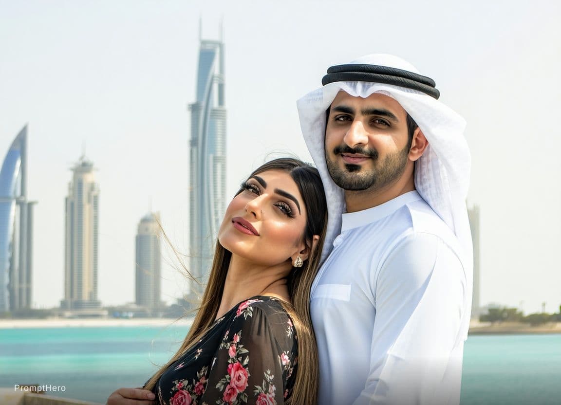 AI generated: Background Dubai Mia Khalifa building couples editing photo
