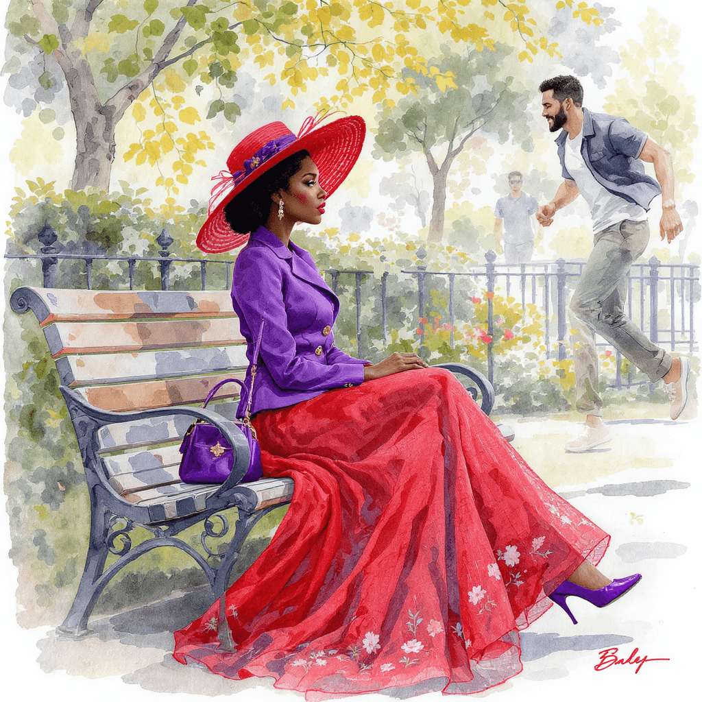 AI generated: A watercolour painting of a pretty young melanated woman wearing a purple close fitting tailored jac...