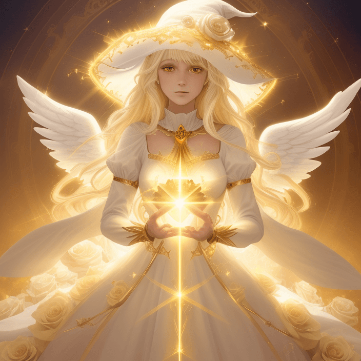 AI generated: Light Witch, golden aura, white and golden dress, white roses witch hat, , Warm Color Palette, Full-...