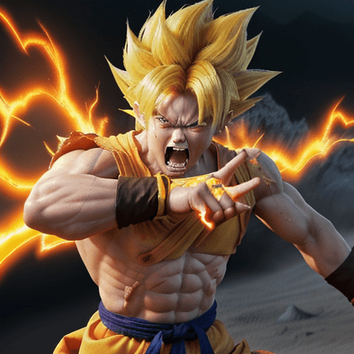 AI generated: Dbz: Goku like character, extra long yellow hair, fighting at war, extrame rage, berserk, screaming,...