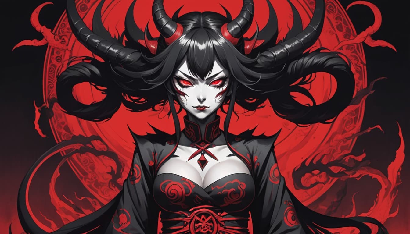 AI generated: Japanese art, scary 
demon
 
woman
, influenced by modern manga drawings, 
black red and white...