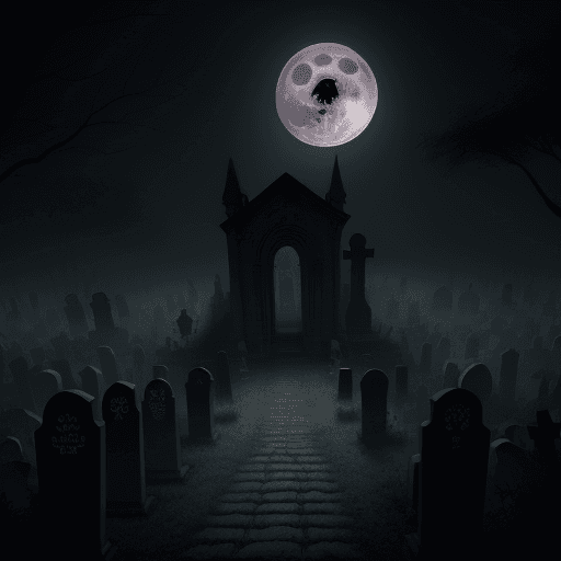 AI generated: picture of the full moon, a skeleton with evil eyes, a graveyard, spooky, fog, dark path, High-resol...