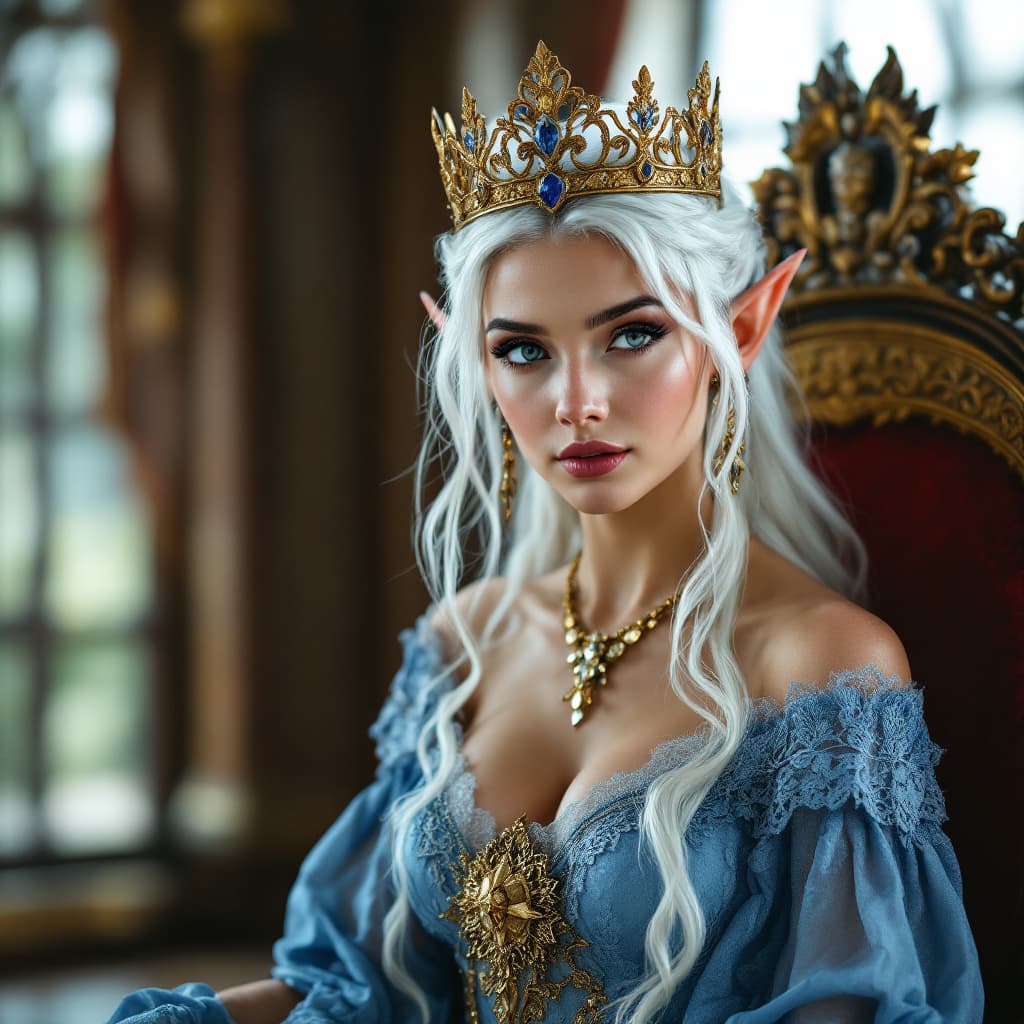 AI generated: real photography of a young queen with white hair, white eyes, elf ears, wearing a blue lace gown an...