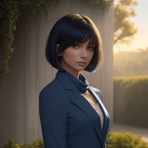 AI generated: Create an image of a woman with a short bob hairstyle, exuding a serene and composed demeanor, stand...