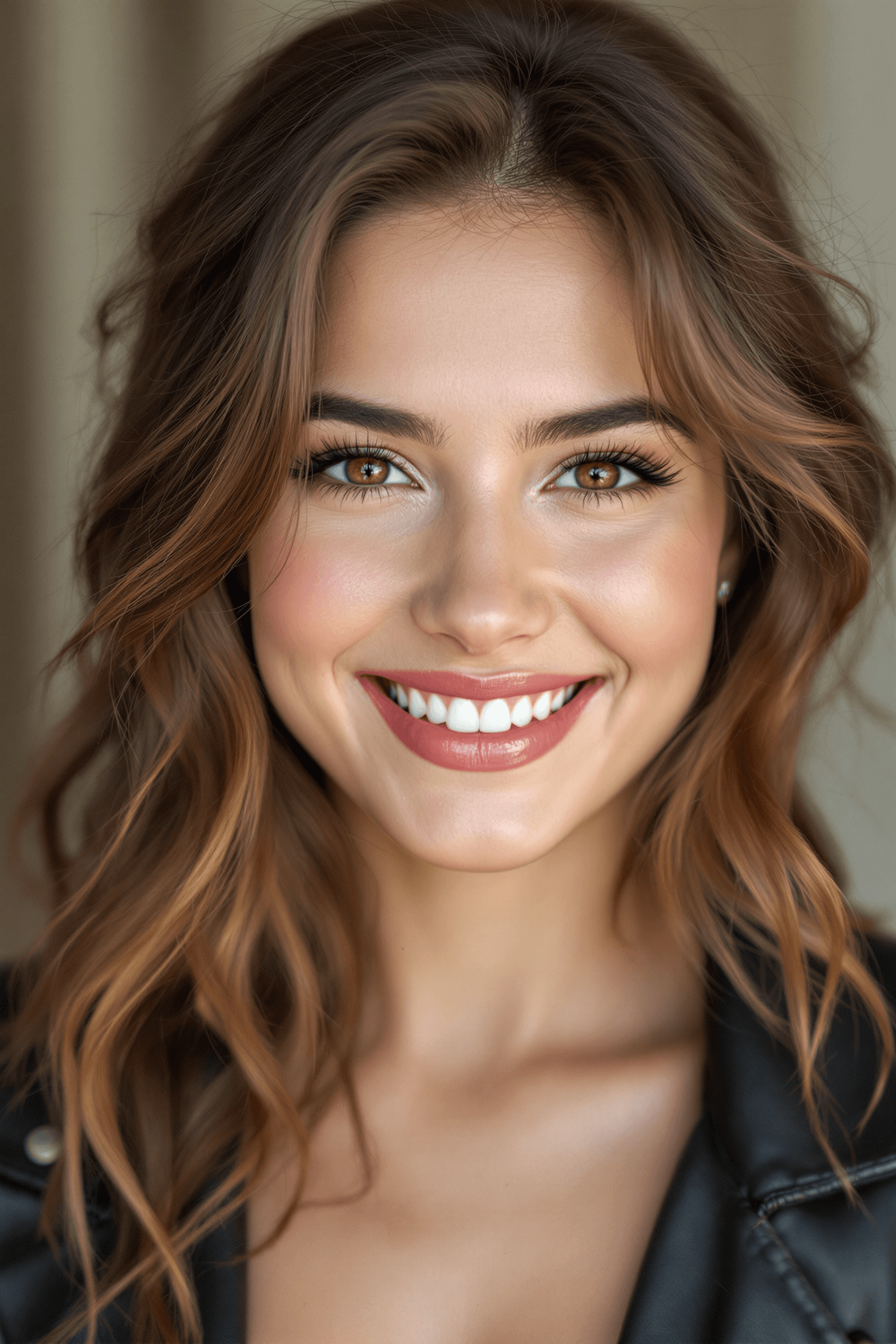 AI generated: Portrait of a 22-year-old Latina woman with porcelain pale white skin and wavy chestnut brown hair. ...