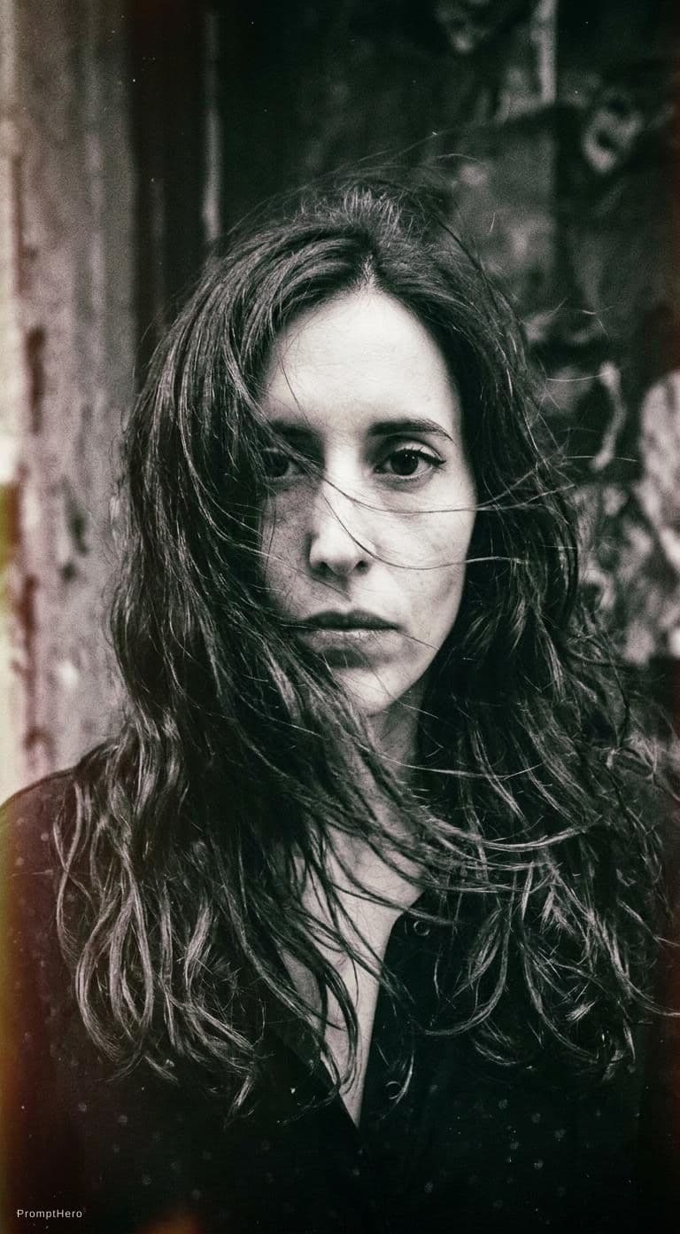 AI generated: a woman with long wild hair on a windy day, in the style of toy camera effects, haunting elegance, f...