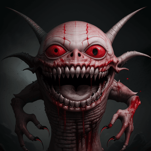 AI generated:  high quality foto of a bloody dangerous smiling monster without eyes, long fingers and broken bones...