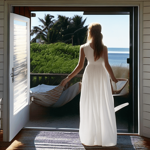 AI generated: The photo is taken in a beach house. The girl is standing near the door (we can see the beach at a d...