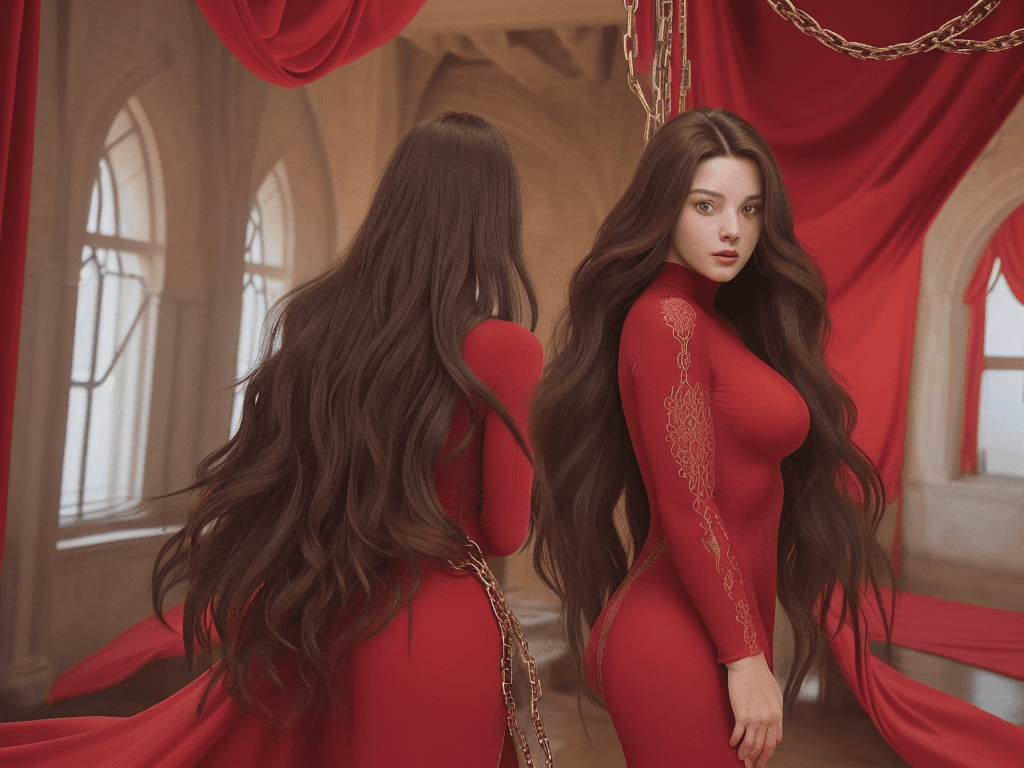 AI generated: The woman stands confidently in front of a grand, red curtain that hangs from the ceiling of a medie...