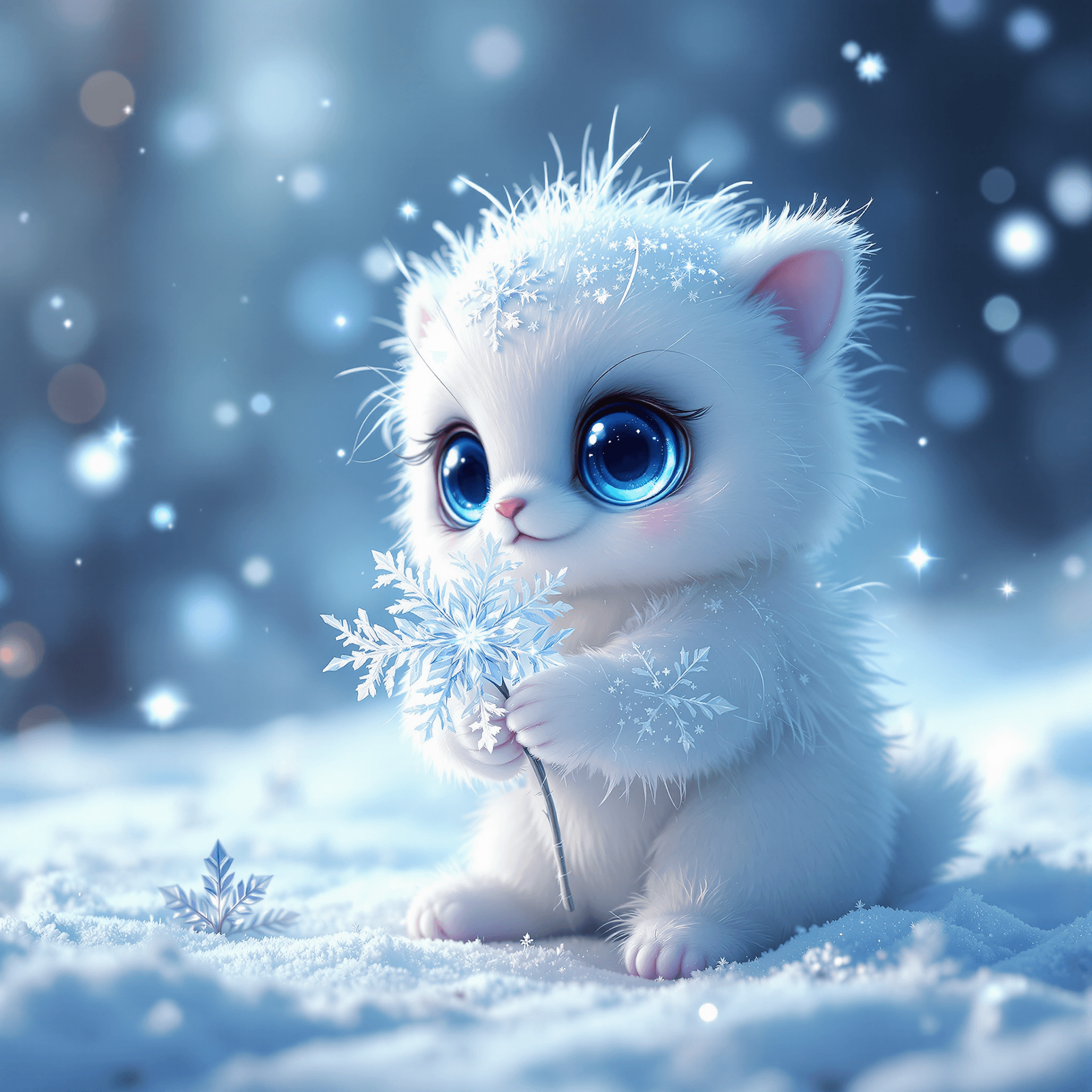AI generated: A small, adorable, fluffy, anthropomorphic winter creature with large, expressive, and luminous icy-...
