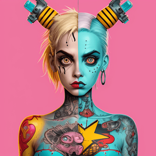 AI generated: twisted backdrop
stark
pop surrealism lowbrow art style
flawless tank girl 
symmetrical anatomy
tatt...