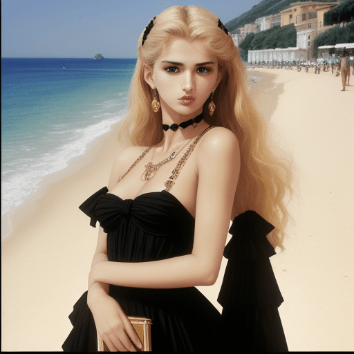 AI generated: a woman in a black dress posing for a picture, italian beach scene, small blond goatee, eighties loo...