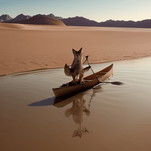 AI generated: Photo of ultra realistic coyote paddling a canoe down a river in the desert