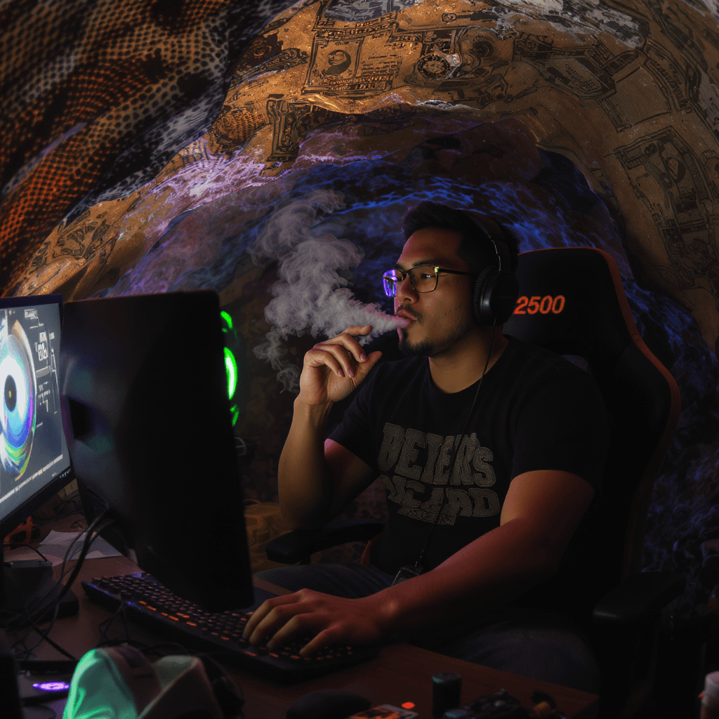 AI generated: An asian man vaping in a computer cave in 2500