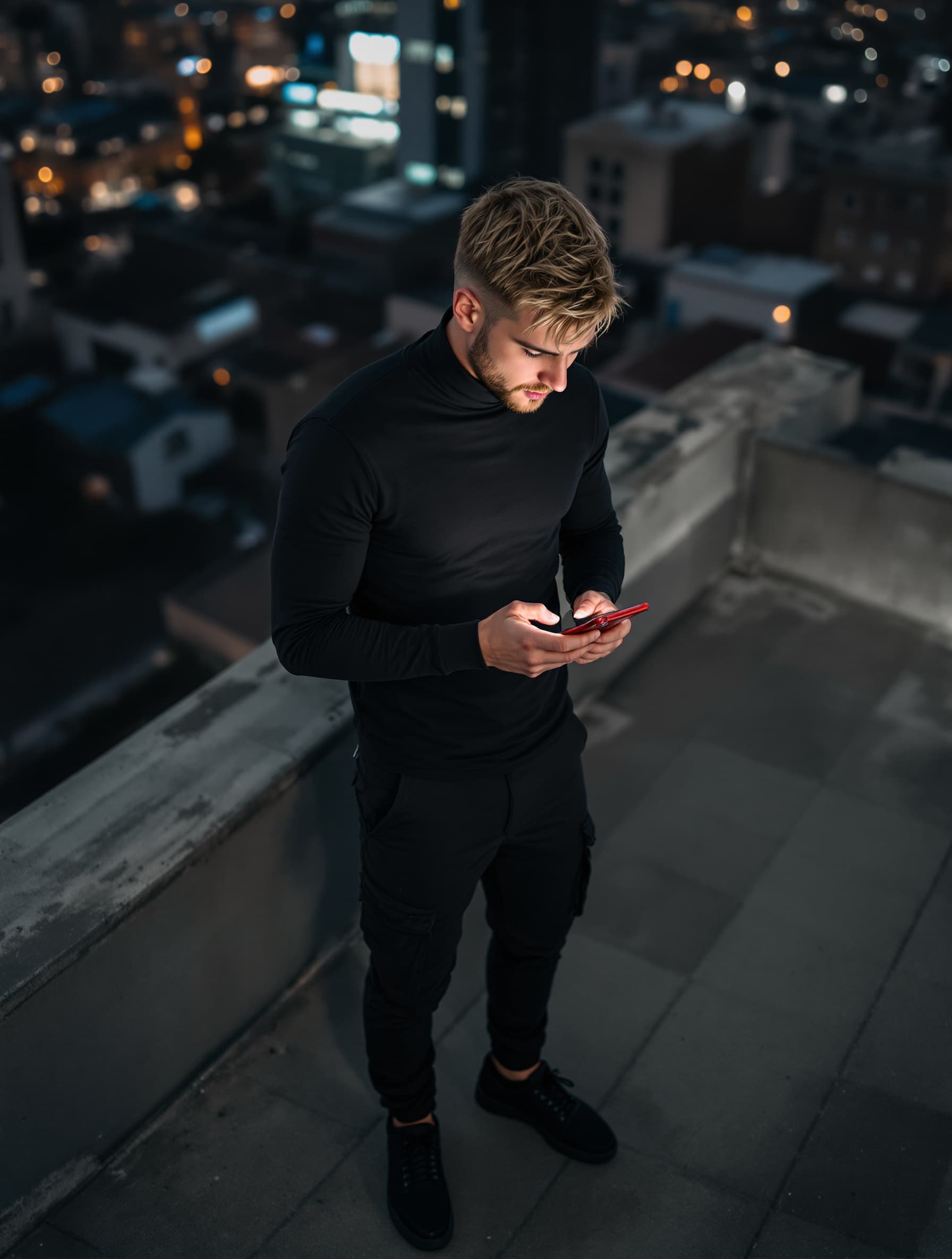 AI generated: High angle view of a handsome blond Russian man, short burst-taper hairstyle, clean face, Blue eyes,...