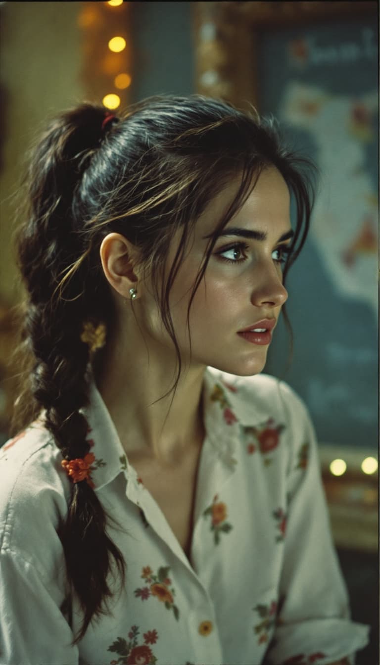 AI generated: 70's Polarized photo , Jennifer Connelly,ponytail hairstyle, feeling sad.