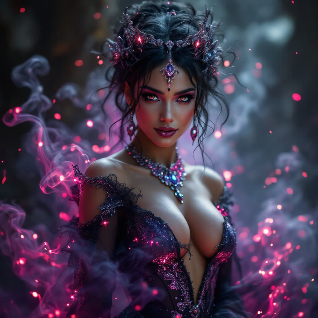 AI generated: In the center of the frame stands a sultry divine element, her skin aglow with ethereal light, The p...