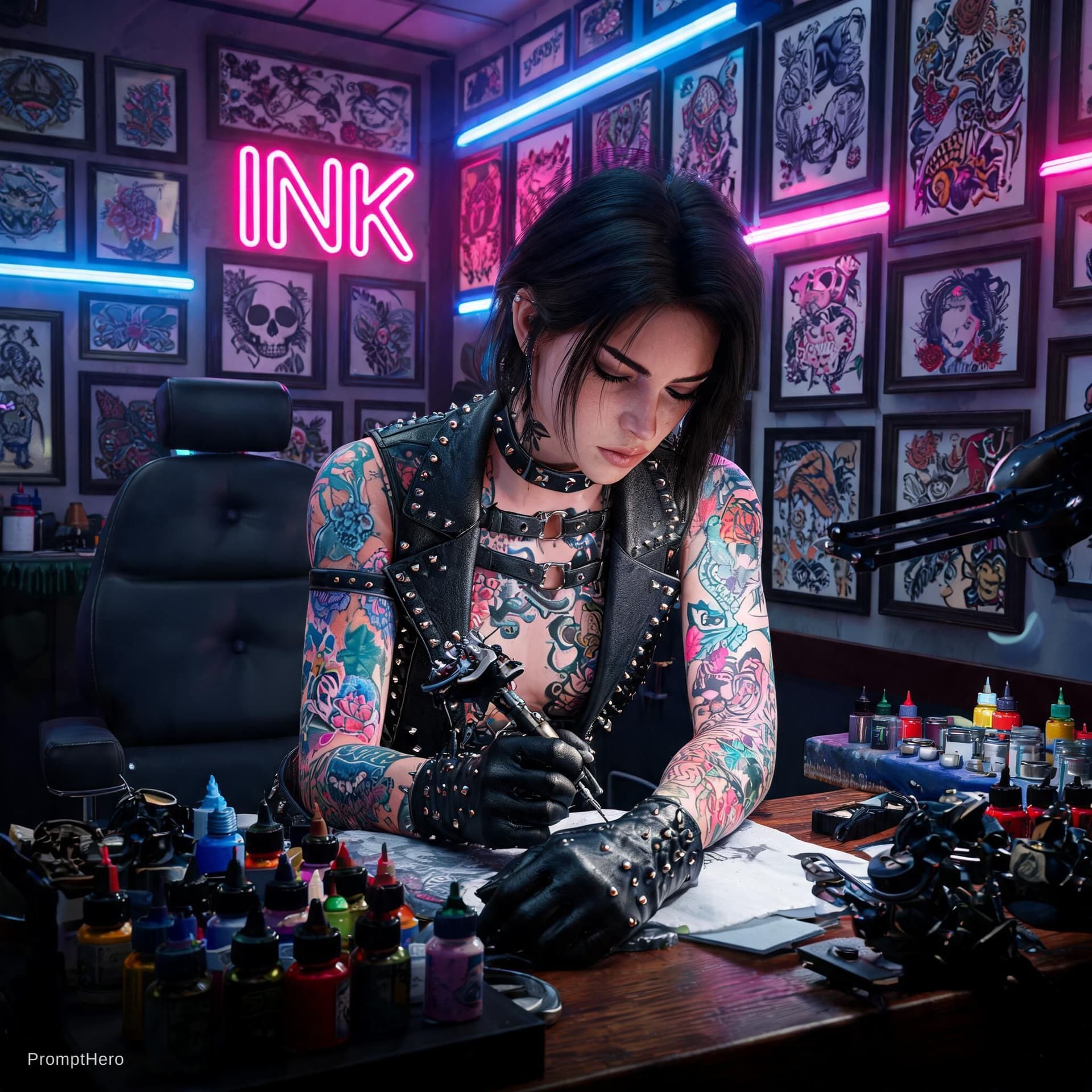 AI generated: a bold and edgy portrait of a tattoo artist working in a vibrant, neon-lit studio. The woman exudes ...