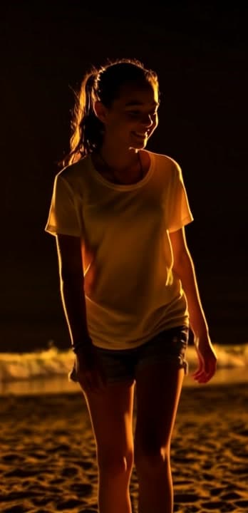 AI generated video: The camera moves back as the subject walks slowly towards it. The subject is smiling as she walks.