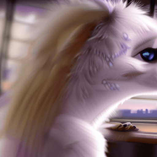 AI generated: Furry, anthro, fox, female, white fur, purple eyes, cafe, window, pale sunrise, 4k, hyper realistic,...