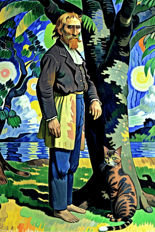 AI generated: Full height side view Portrait of old Paul Gauguin standing near a tree and looking at van Gogh stan...