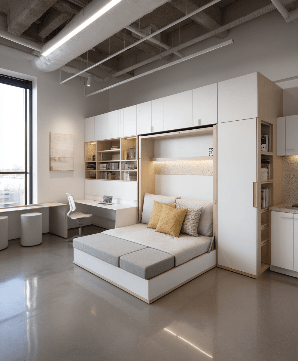 AI generated: photography, a room with modular furniture, multifunctional spaces, and a focus on utility encapsula...