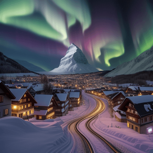 AI generated: This is a hyperrealistic CG rendering of a Swiss town. Rainbow colored aurora in the sky shining on ...