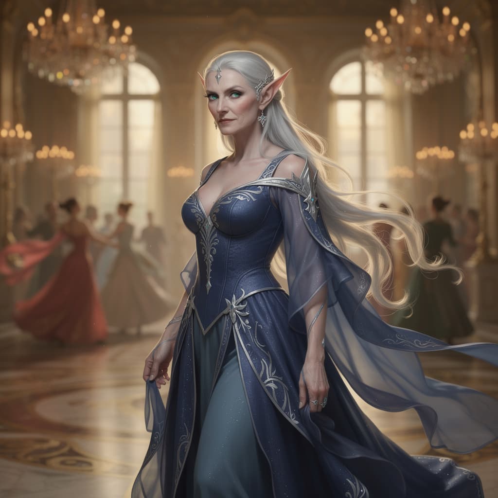 AI generated: an older beautiful elven woman with silver hair in a dress at a ball