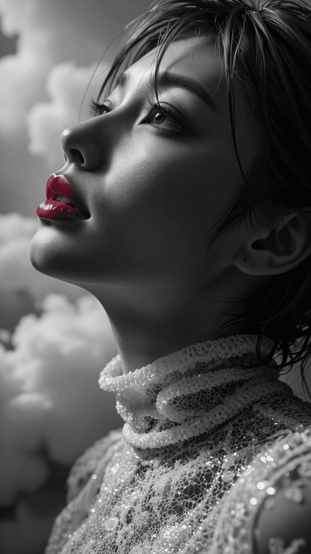 AI generated: A highly-detailed, photorealistic, cinematic extreme close-up profile portrait of a stunning young w...