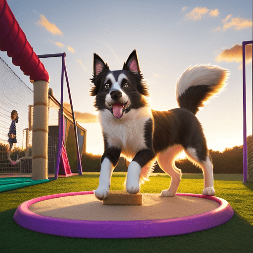 AI generated: An exuberant border collie dog playing with various pet toys in a pet playground, also a beautiful t...