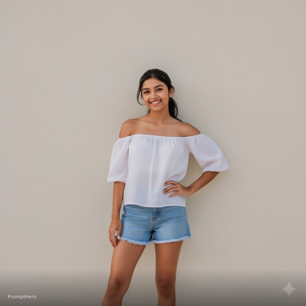 AI generated: wearing shorts and short top standing in front of wall 15 years indian girl with fair skin tone  loo...