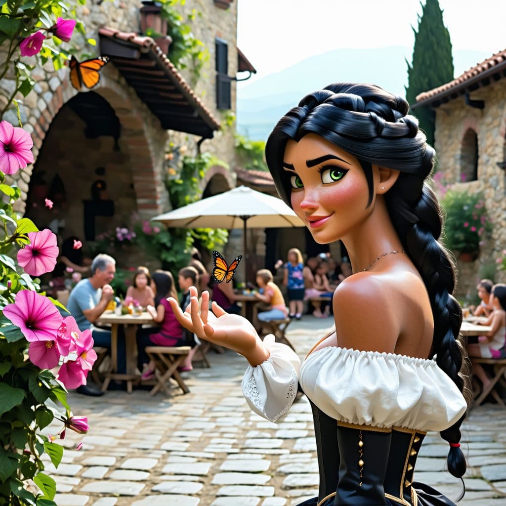 AI generated: Beautiful woman with black hair and green eyes wearing a bodice reaching for a butterfly as it appro...