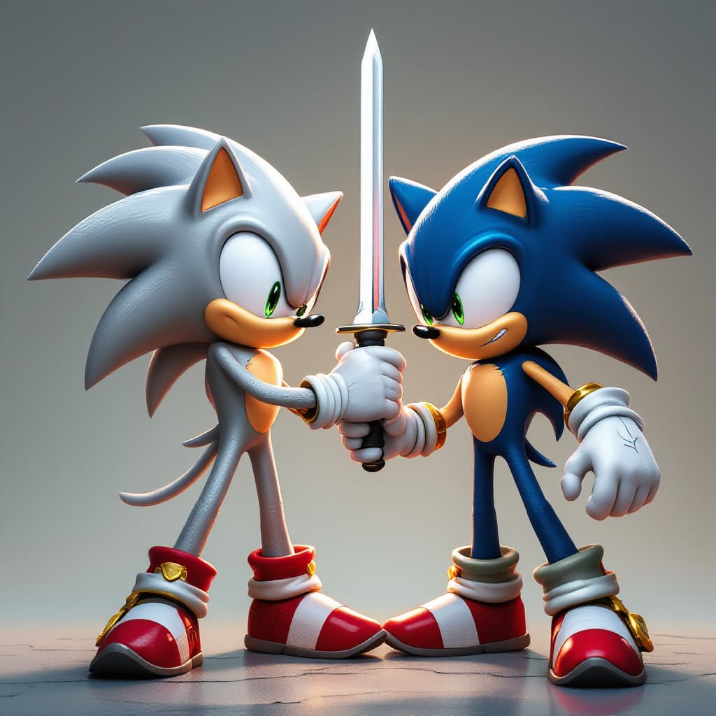 AI generated: Silver the hedgehog and sonic the hedgehog, cool fighting pose, holding swords 