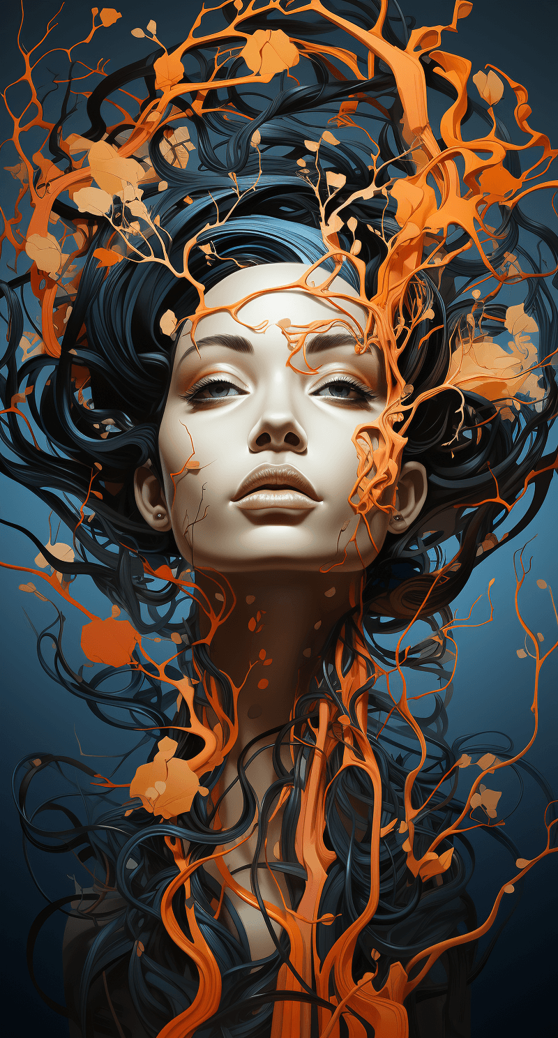 AI generated: a colorful digital artwork of a woman's head and branches, in the style of haunting houses, graceful...