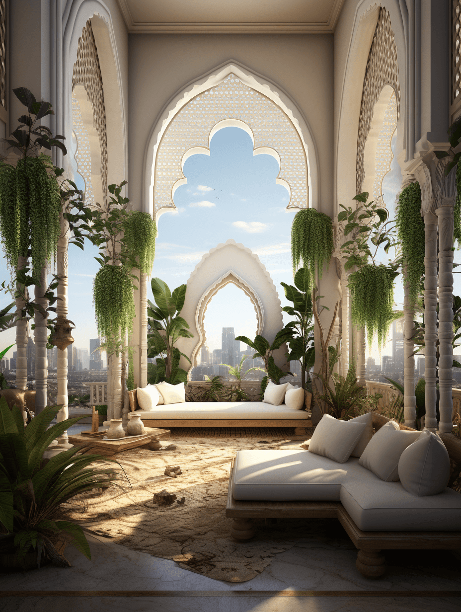 AI generated: arabic style garden,wooden floor, opening windows,white clouds lingering, arabic furniture and decor...