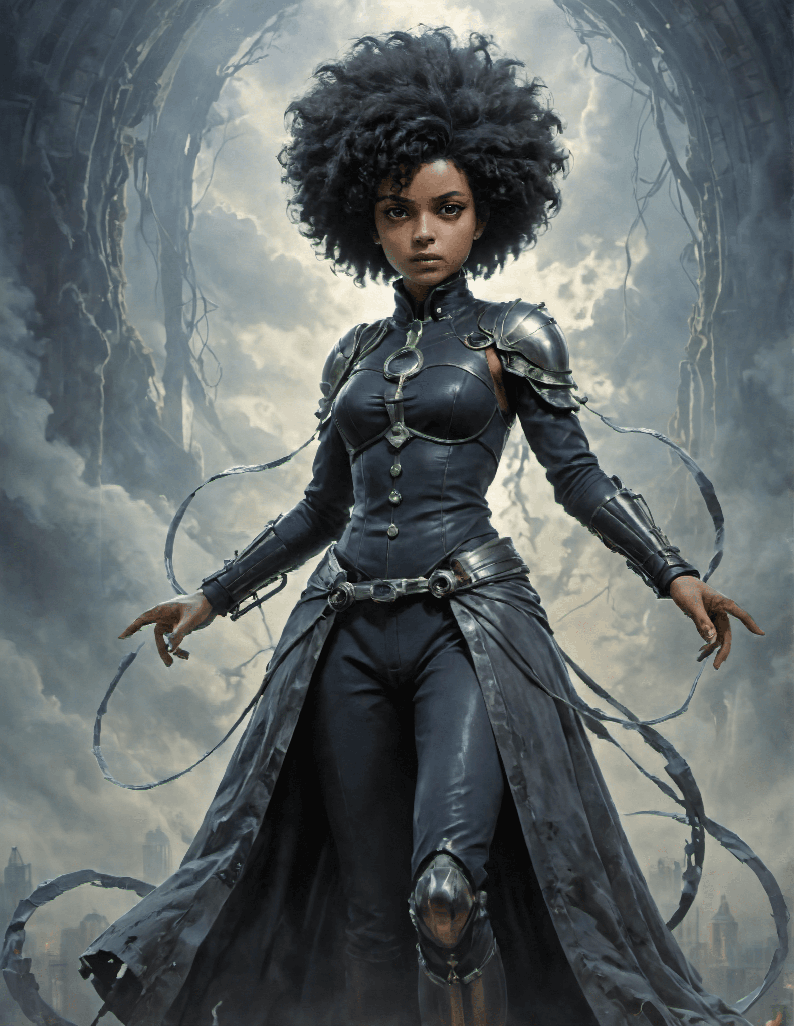 AI generated: anime key visual, full body shot, a strong Female Inquisitor, Loving, Ghostly hair styled as Afro, F...