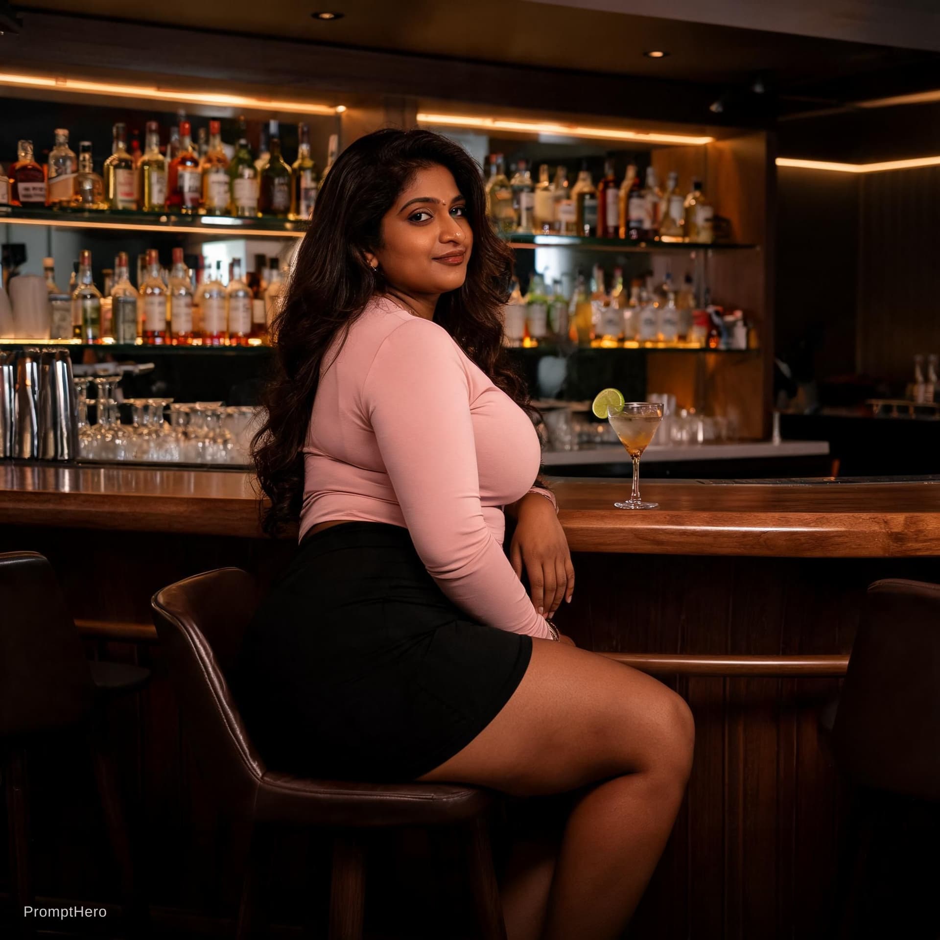 AI generated: curvy indian wearing mini skirt, sitting at bar