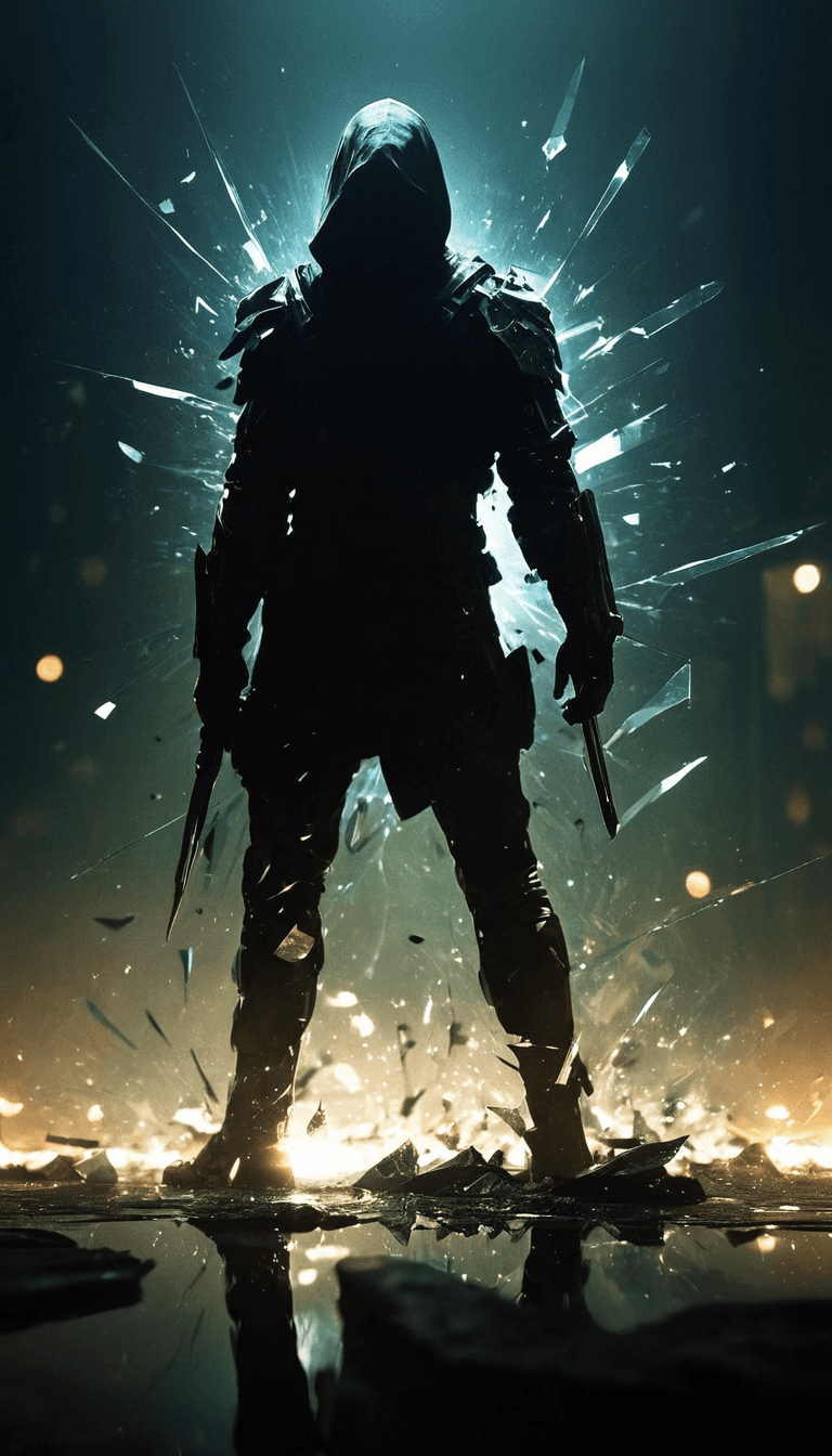 AI generated: Faceless assasin mysterious figure in hood in the distance, shattered glass in air, sharp detail and...