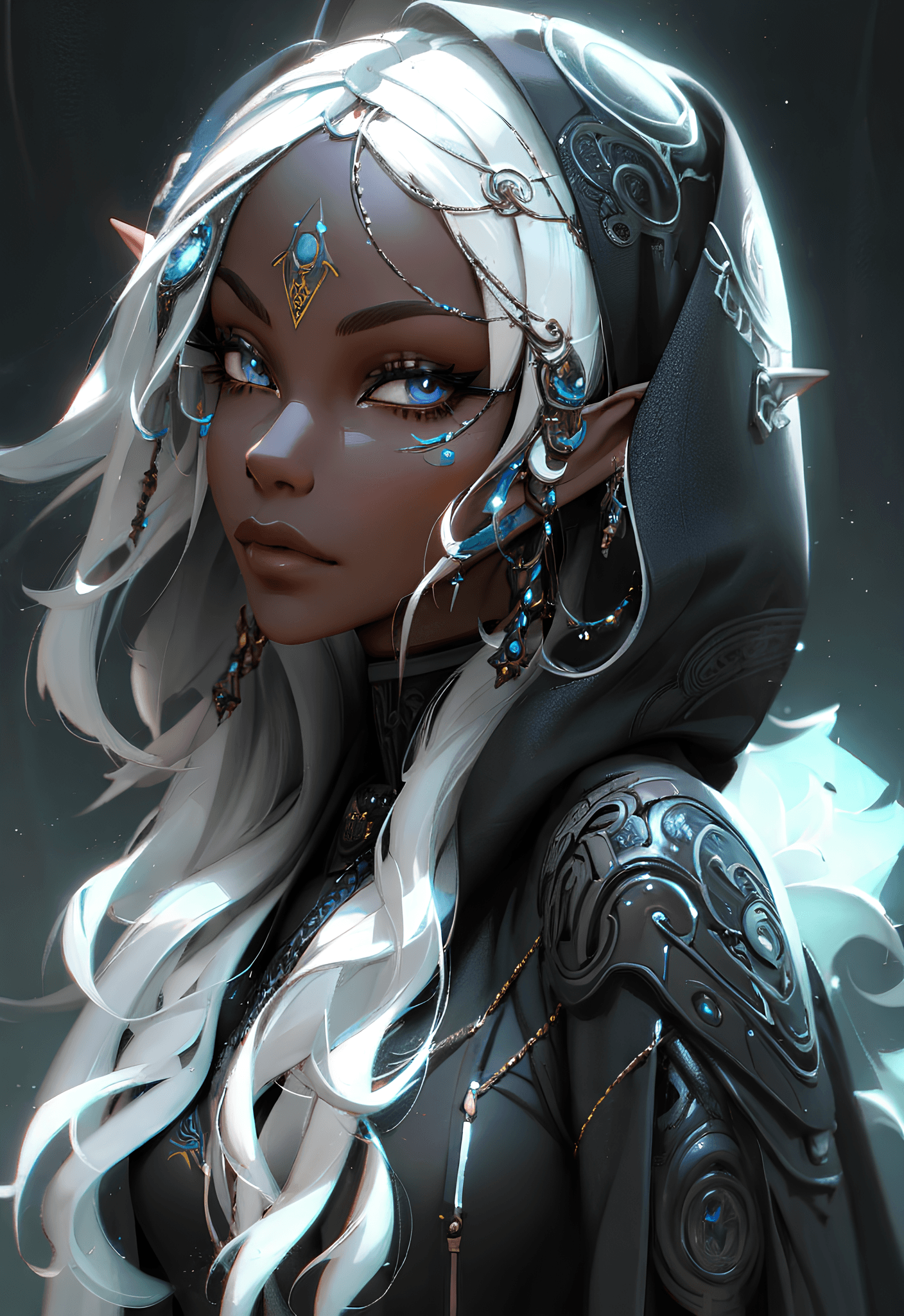 AI generated: a close up of a person wearing a hoodie, digital art, by Ross Tran, afrofuturism, beautiful elf with...