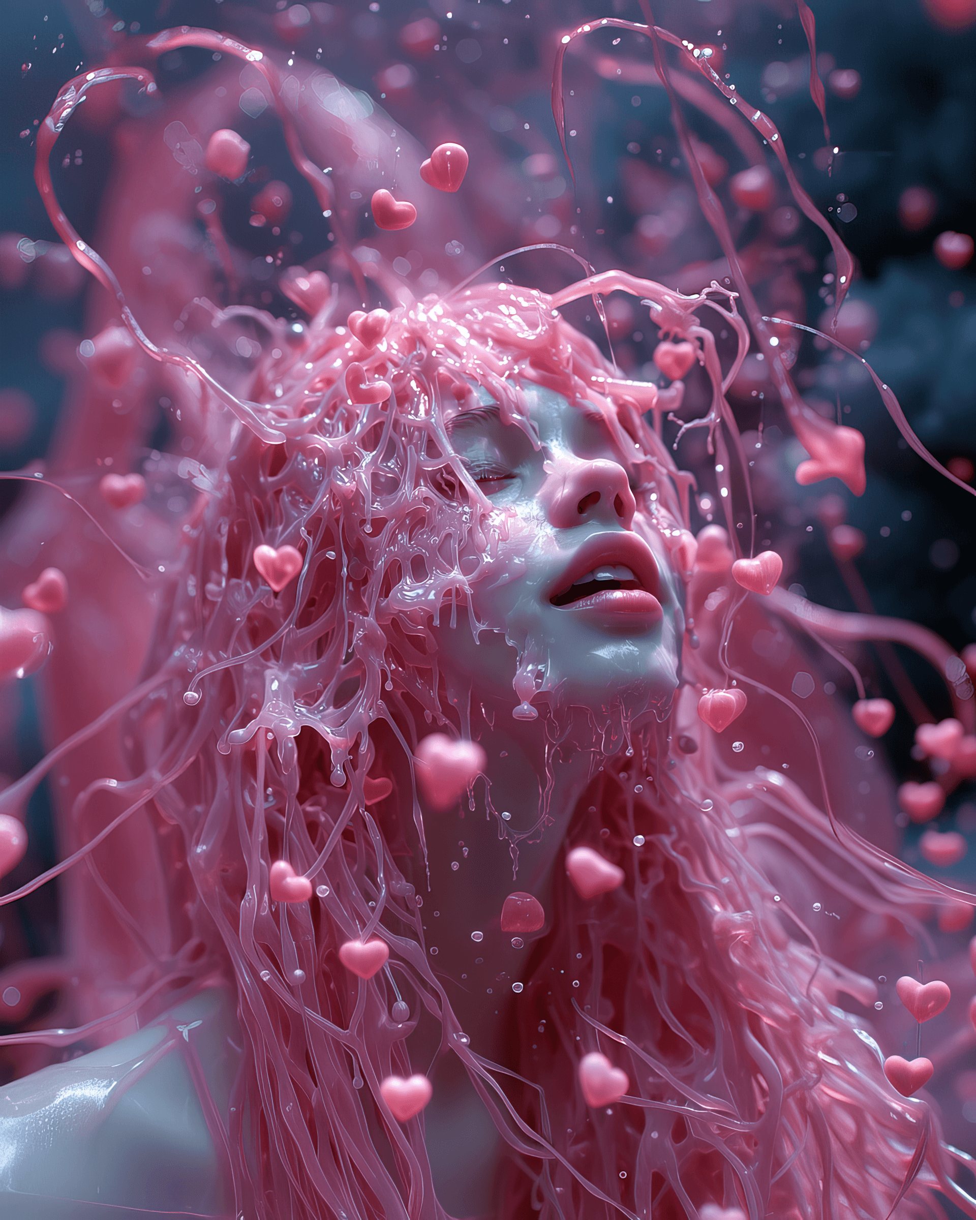 AI generated: masterpiece, high quality, highly detailed, 1girl, pink slime girl, floating hearts, twitching, --ar...