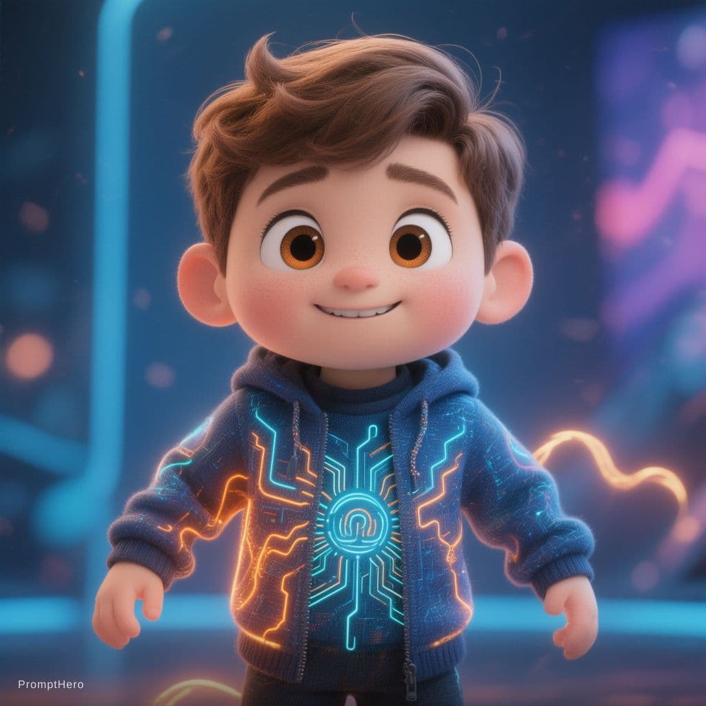 AI generated: 3d image, cute boy, in the style of Pixar,
He wears a sleek, modern outfit with subtle neon circuit ...