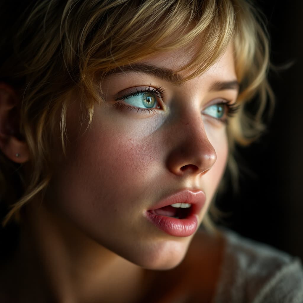 AI generated: young blonde girl, 20 years of age, blond short hair framing face, 
mouth open

