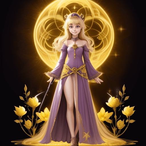 AI generated: Draw Luna standing in front of the golden flower, with a gentle glow surrounding her. Show her smili...
