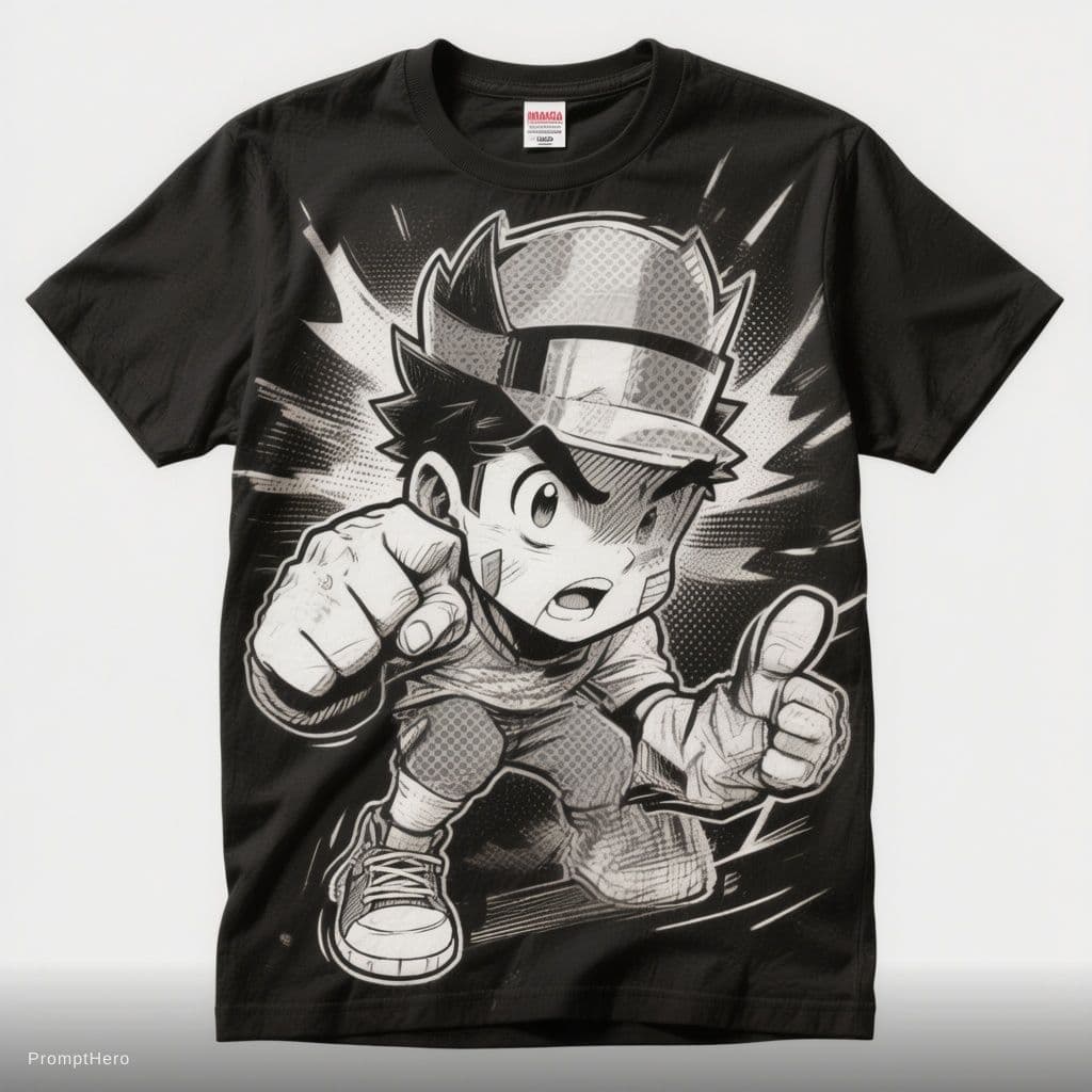 AI generated: Design de t-shirt style manga — illustration centrale, composition claire, lisible sur textile. Styl...