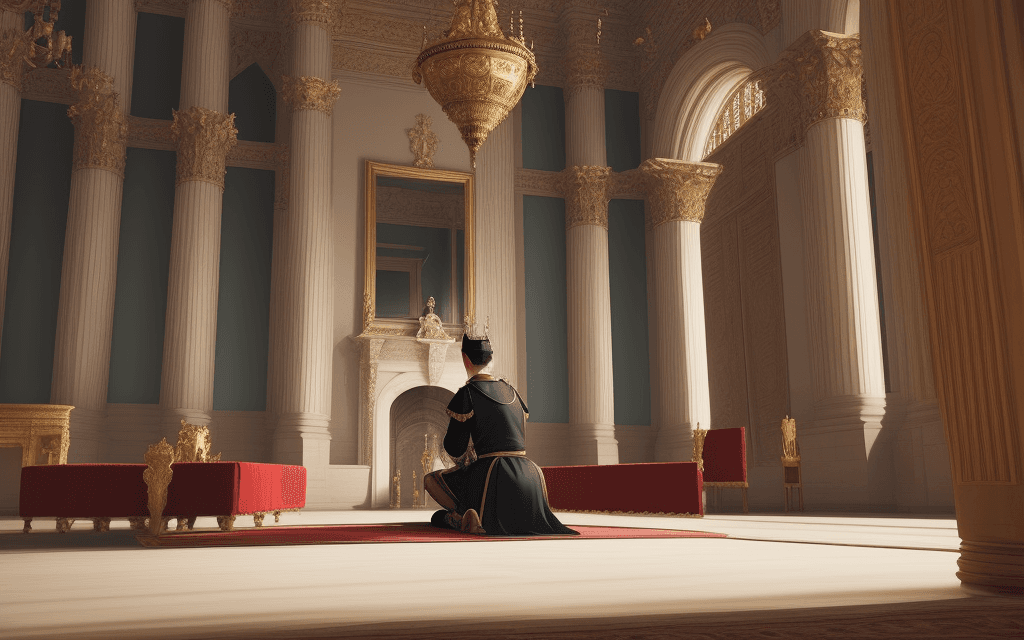 AI generated: Third person view from the side servant sitting on knees in front of the king with crown in empty th...
