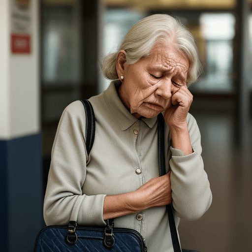AI generated: elderly lady tired tearful worried empty purse alone