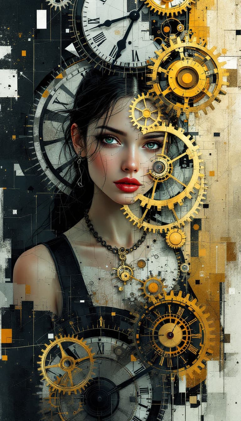 AI generated: A cubist-style digital illustration of an original, full-body female time traveler, with estheticall...