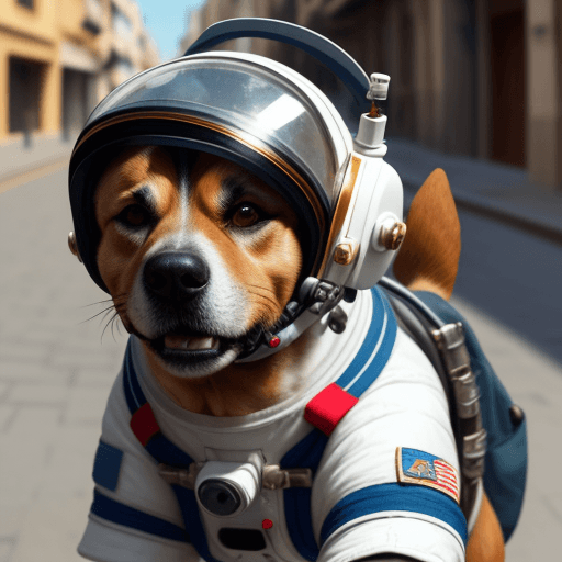 AI generated: perro con casco de astronauta caminando por la calle
